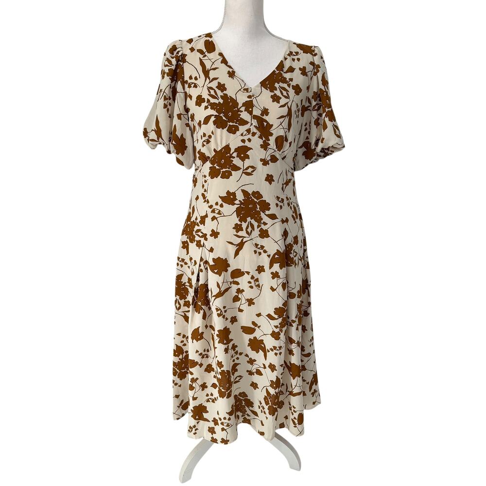Baltic Born White & Brown Floral Short Sleeve Midi Dress Sz Large
